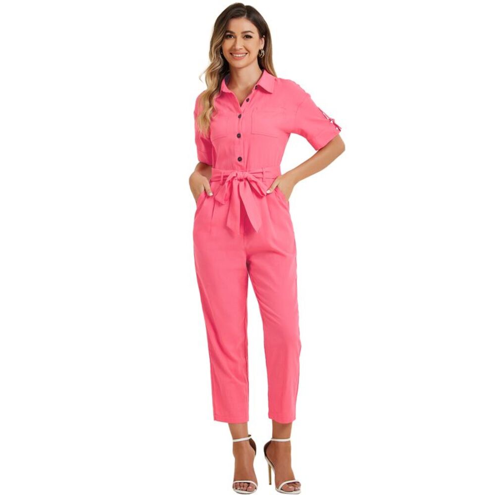 Collared Cropped Button Down Tie Waist Cotton Cargo Jumpsuit Watermelon Red